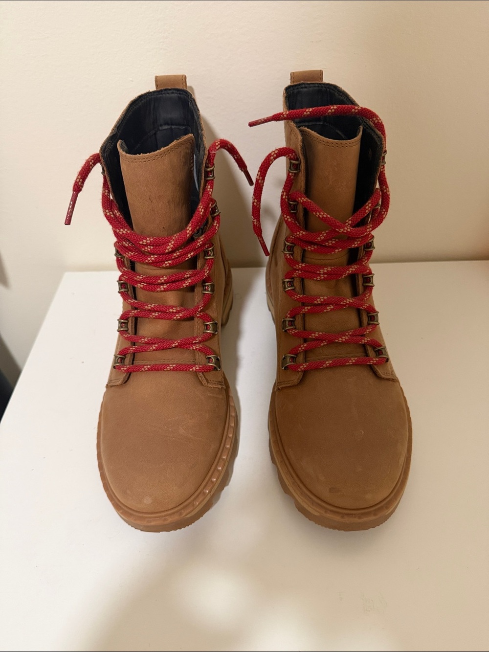 Sorel Brown Leather Lace-Up Boots with Red Hiking Laces